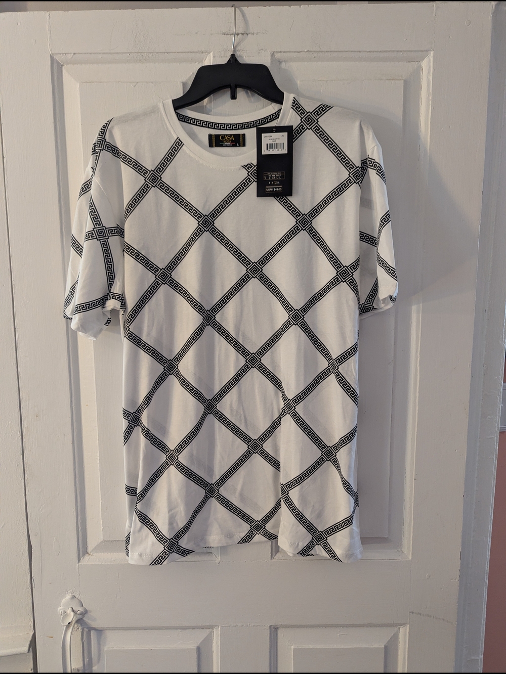 MODA ME COUTURE White Tee with Black Geometric Grid